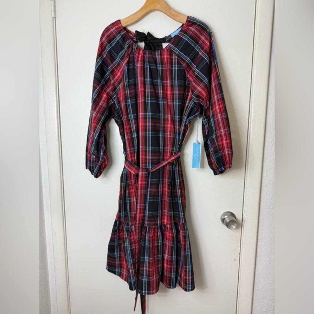 Draper James re, black tartan plaid, belted, semi wrap, full skirt midi dress 2X